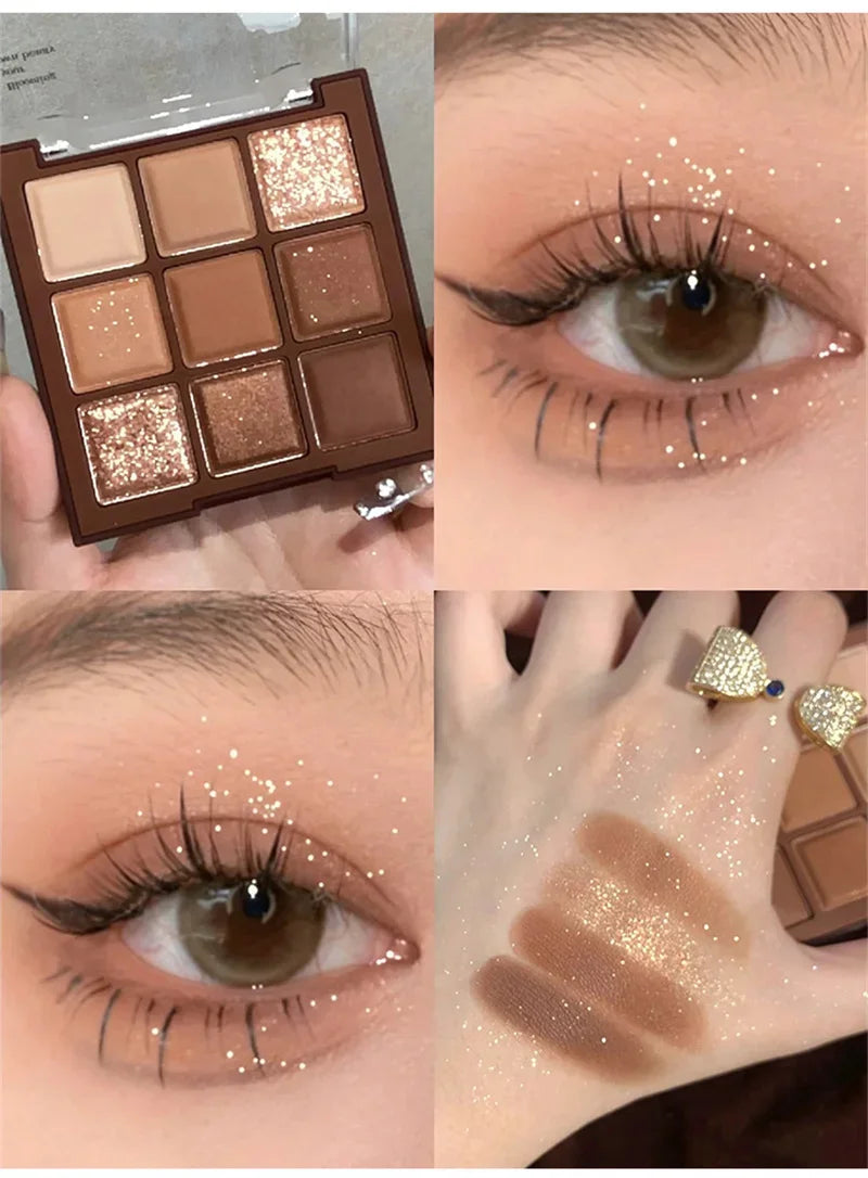 9 Colors Chocolate Eye Shadow Palette Pearly Matte Earth Color Eyeshadow Pallete Shiny Sequins Eye Pigments Lasting Makeup