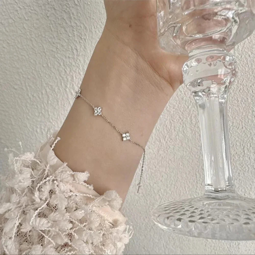 925 Silver Plated Four-leaf Flower Zircon Chain Necklace for Women Luxury Collar Charm Necklaces 2025 Trend Jewelry