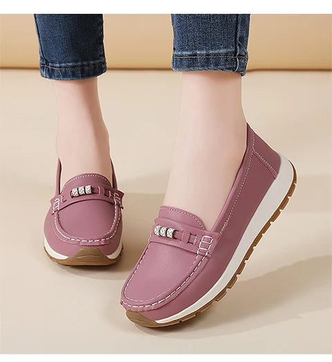 Women's casual flat shoes, 100 genuine leather shoes, lightweight spring and summer loafers, walking mom shoes