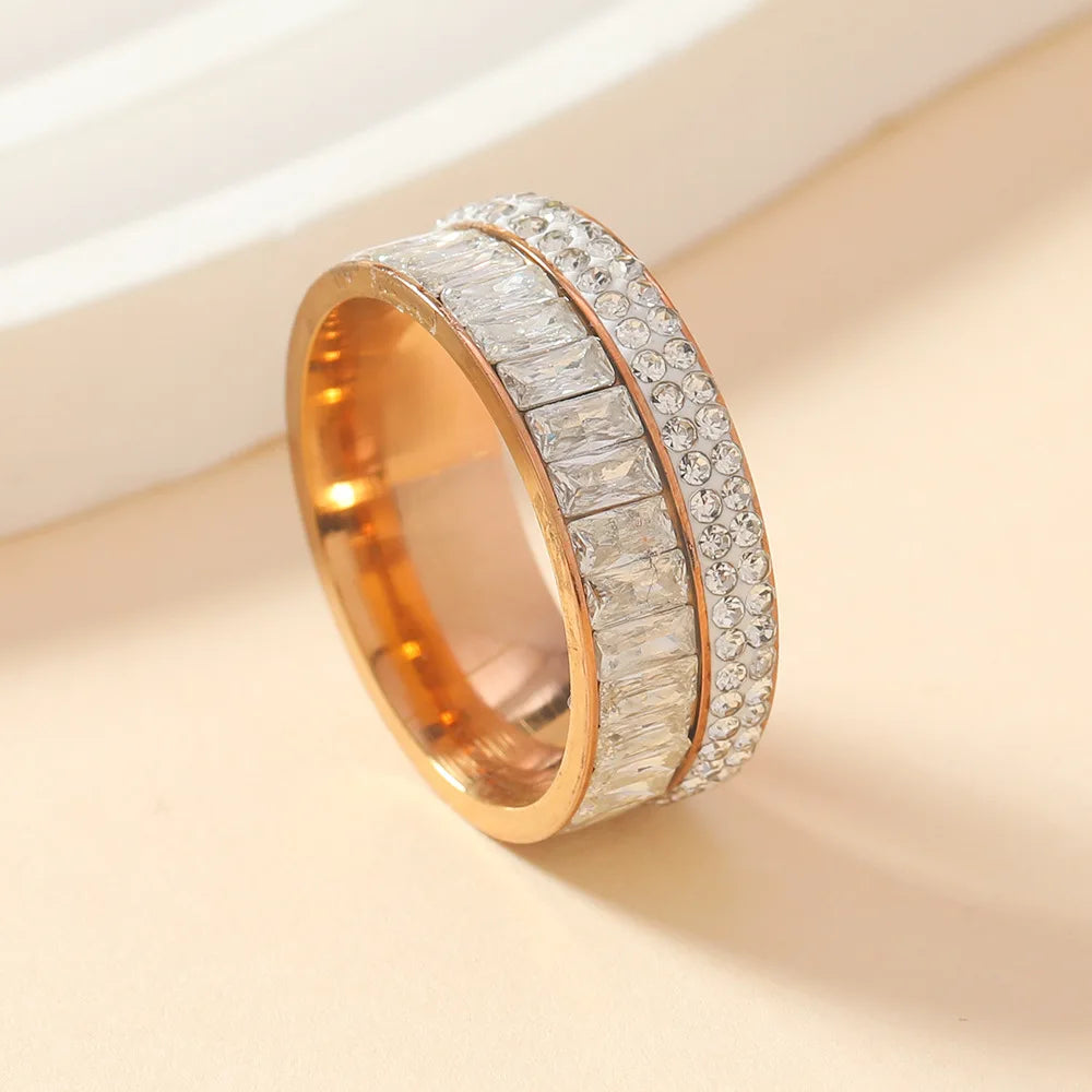 8MM Luxury Zircon Stainless Steel Finger Ring For Women 2025 New High Quality Anti-Fade Female Wedding Party Fashion Jewelry