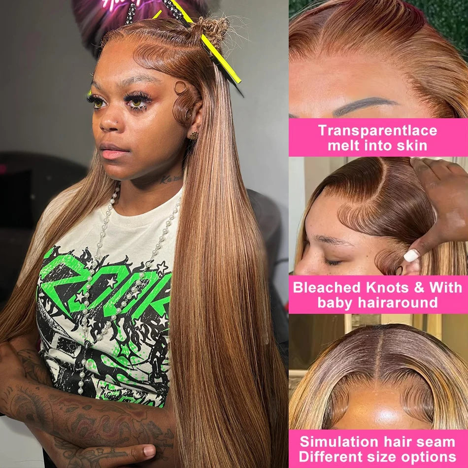 30 32 Inch 13x4 13x6 HD Highlight Ombre Straight Human Hair Wigs Honey Blonde Bone Straight Lace Front Human Hair Wig For Women