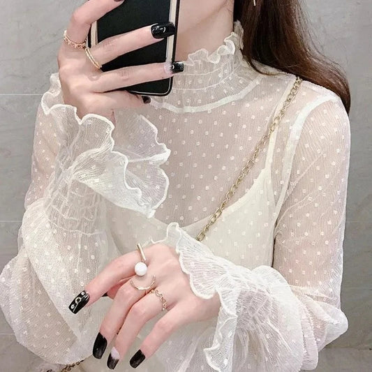 Women Sexy Mesh See Through T Shirt  Long Bell Sleeve Hollow Out Blouse Summer Transparent Sheer High Neck Bottoming Basic Tee