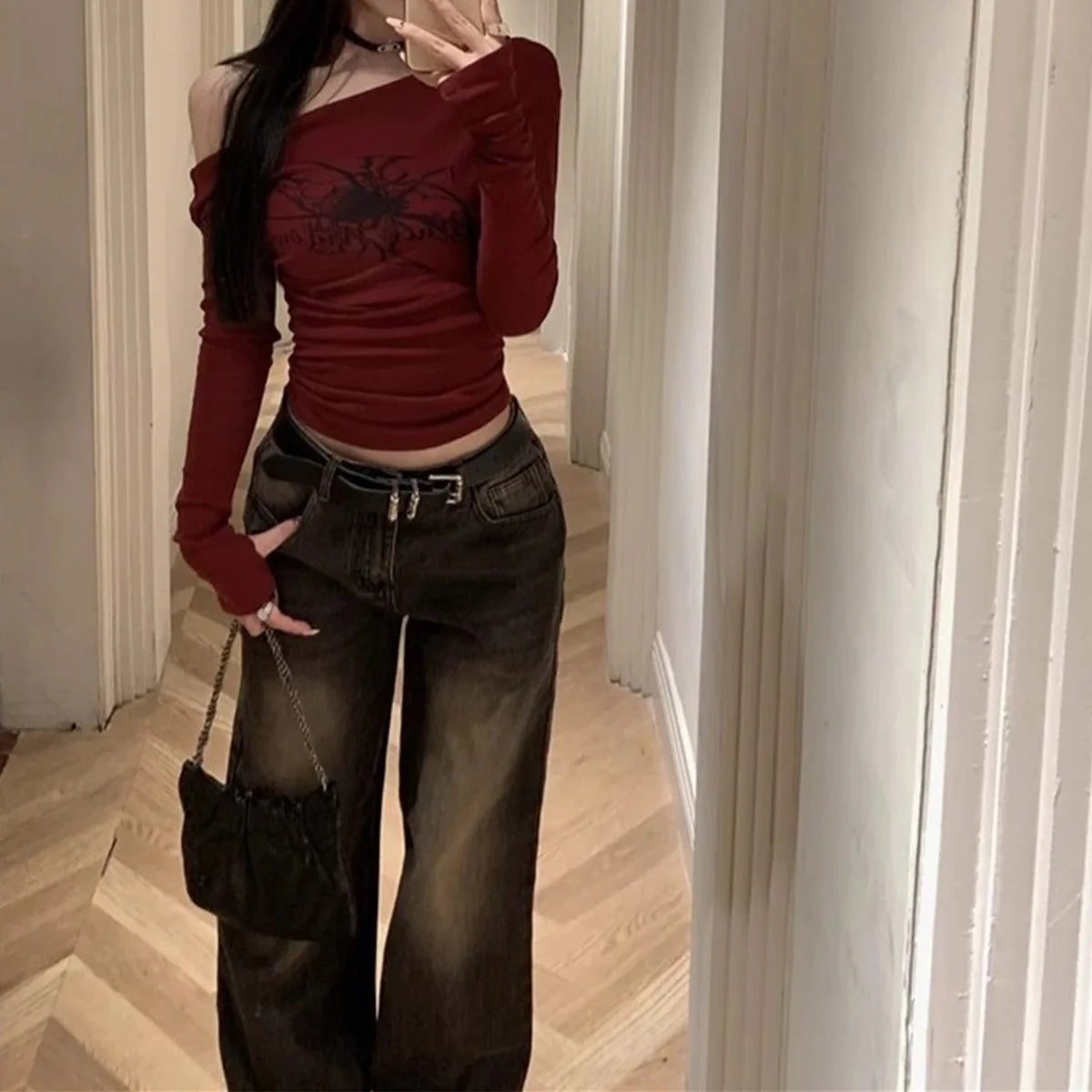 Gothic Print Grunge T-Shirts Women Long Sleeve Off the Shoulders Tops Y2K Clothes Streetwear Shirt Korean Style Vintage Crop Top