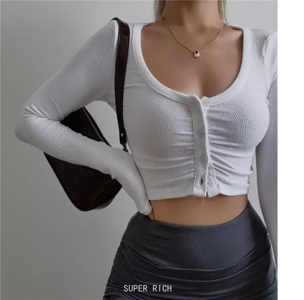 Spring Summer Women Long Sleeve Button T Shirt Female Solid Slim Sexys Casual Tee Shirt Femmes Y2k Clothes Streetwear Crop Tops