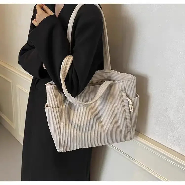 Corduroy Daily Handbag Fashionable Versatile Shoulder Bag for Women Multi-Compartment Zipper Closure Commute Women's Tote Bag