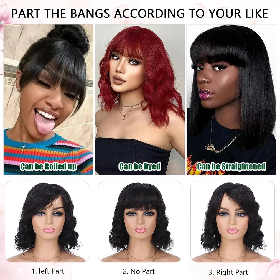 Body Wave Wigs With Bangs Malaysian Human Hair Wig With Bangs For Women Glueless Wear and Go Machine Made Wig Short Bob Wig Sale