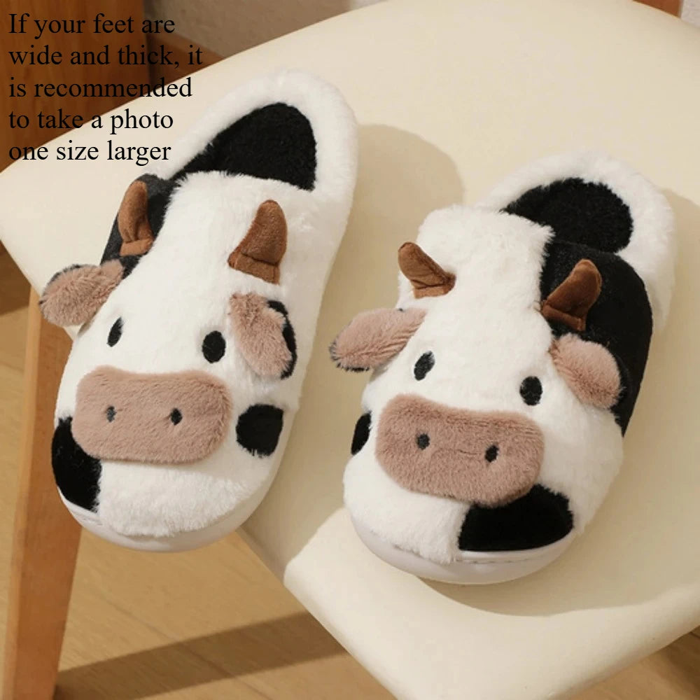 Winter Home Slippers for Couples Warm Plush Neutral Cartoon Cow Indoor Anti Slip Comfortable Cotton for Men Women