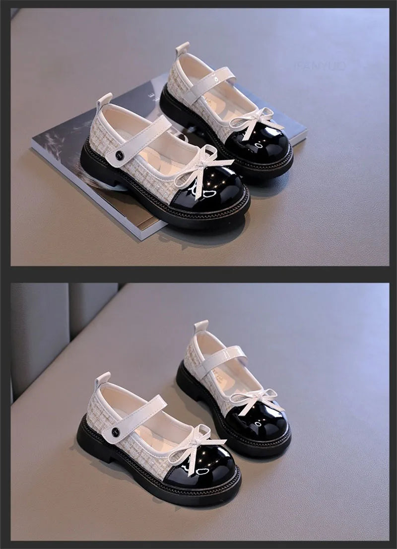 Spring Autumn Children's Leather Shoes with Bowknot Versatile Girls Fashion Mary Jane Shoes Causal Patchwork Kids Princess Shoes