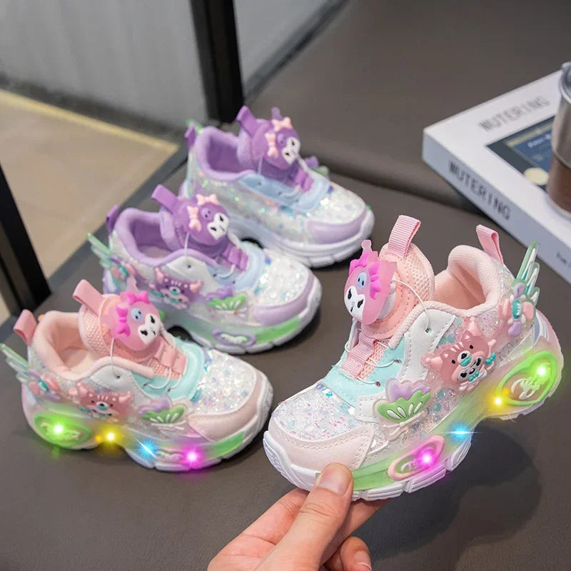 Girls Cartoon Rotating Button Sports Shoes Soft Bottom Kuroko Light up Dad Shoes Breathable Rubber Spring Season Kids Sneakers