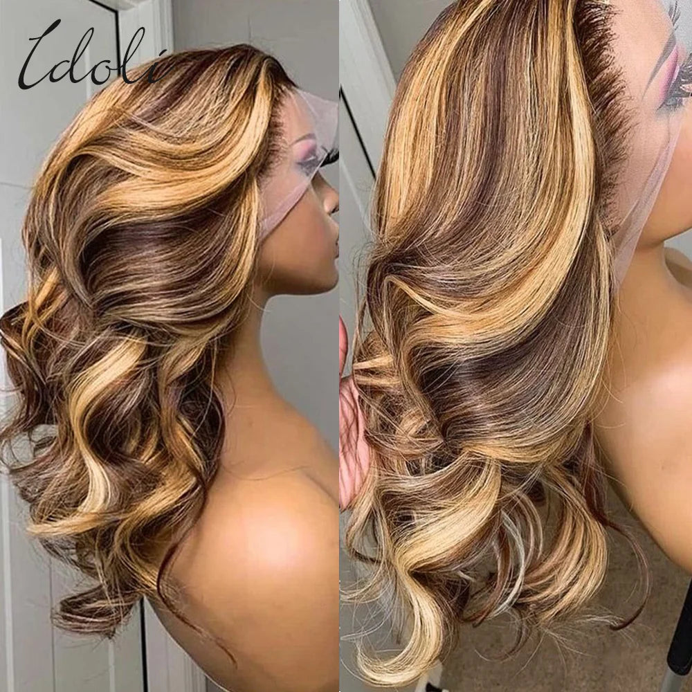 Highlight Wig Human Hair Body Wave Lace Frontal Wigs Colored 13x4 Lace Frontal Wig P4/27 Ombre Honey Blond Lace Front Human Hair