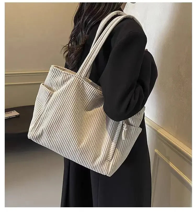 Corduroy Daily Handbag Fashionable Versatile Shoulder Bag for Women Multi-Compartment Zipper Closure Commute Women's Tote Bag
