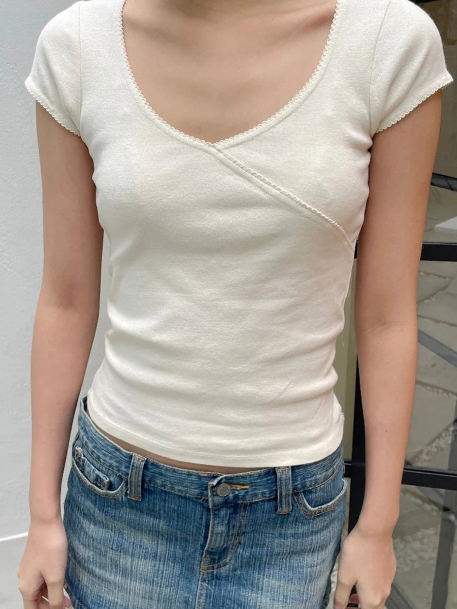 Stitching Solid Vintage Slim T-Shirt Summer V Neck Streetwear Cotton Top 2023 Femme Sweet Cute Y2k Simple Tee Tops Woman Clothes