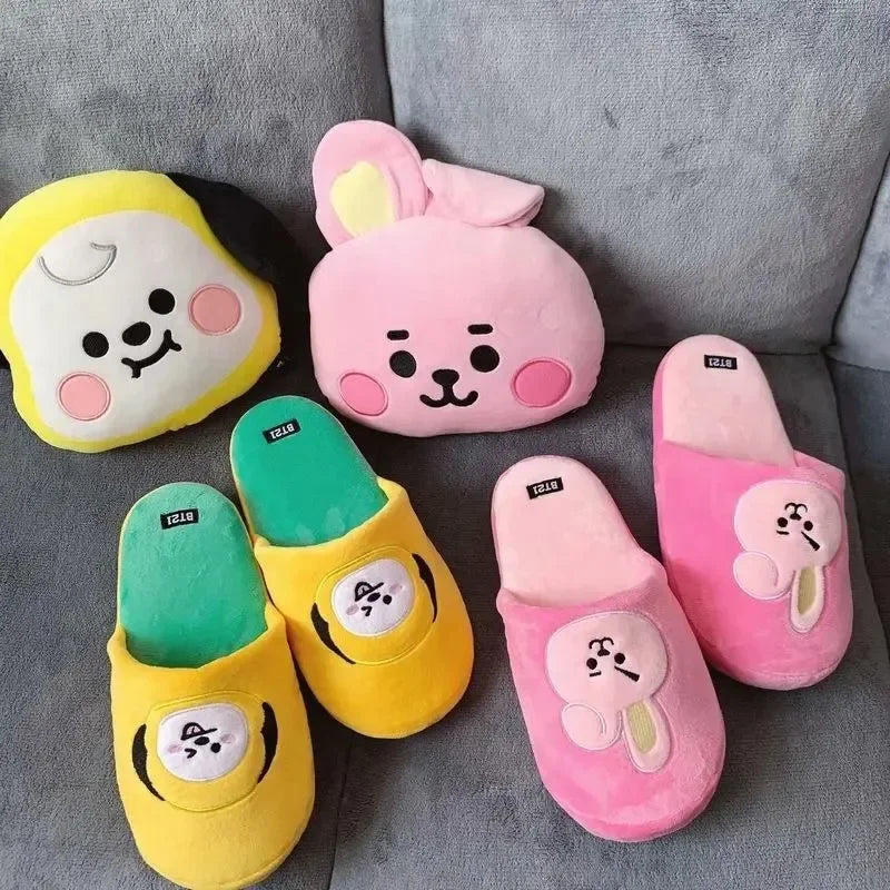 Anime BT21 Kawaii Plush Cotton Slippers Chimmy Cooky Women Fashion Spring Autumn Indoor Non-Slip Slippers