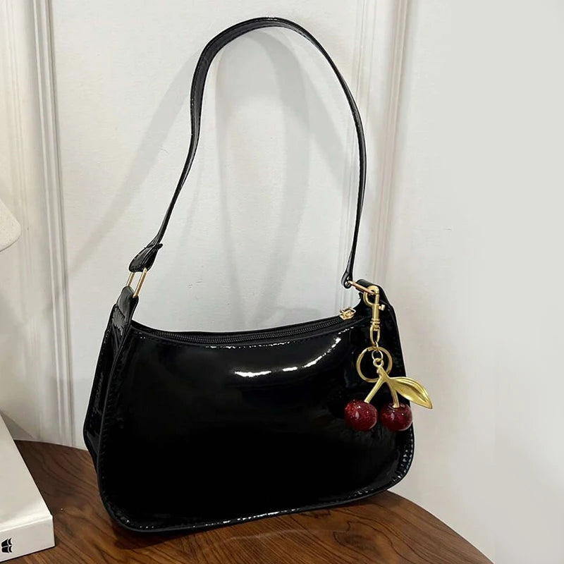 Vintage Retro Shoulder Bag for Women PU Leather Underarm Crossbody Ladies Casual Handbag Purse with Cherry Pendant