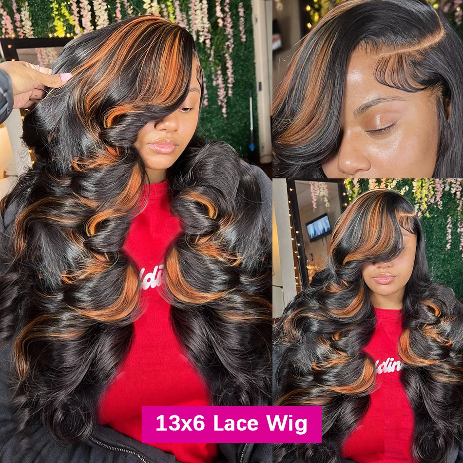 220 Density 30 Inch 1B/30 Black Brown Body Wave Lace Front Human Hair Wigs Colored Highlight 13x6 HD Lace Frontal Wig Human Hair