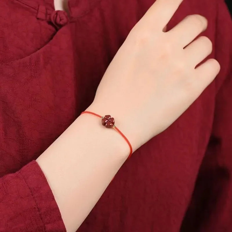 Natural Purple Cinnabar Lucky Clover Handmade Red Rope Lucky Bangle Women Men Lucky Bracelet Size Adjust Drop Shipping