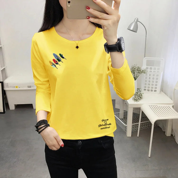 Long Sleeve T-shirt Women Simple Print Round Neck Top Loose Base Shirt Outdoor Wear Autumn Clothes