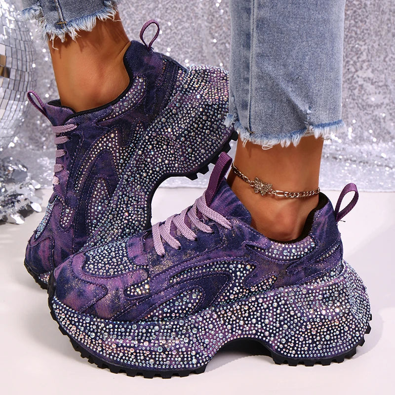 Luxury Rhinestone Chunky Sneakers for Women Fashion Purple Denim Platform Sports Shoes Woman Non Slip Thick Sole Vulcanize Shoes