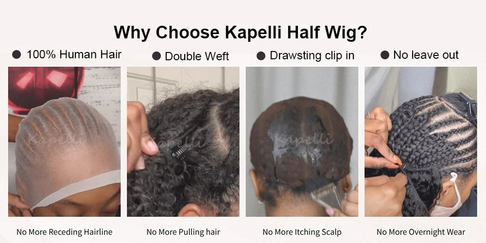 Half Wig Human Hair Kinky Curly Glueless Wig Human Hair Ready to Wear 3 IN 1 Half Wig With Drawstring 250 Density Curly Half Wig