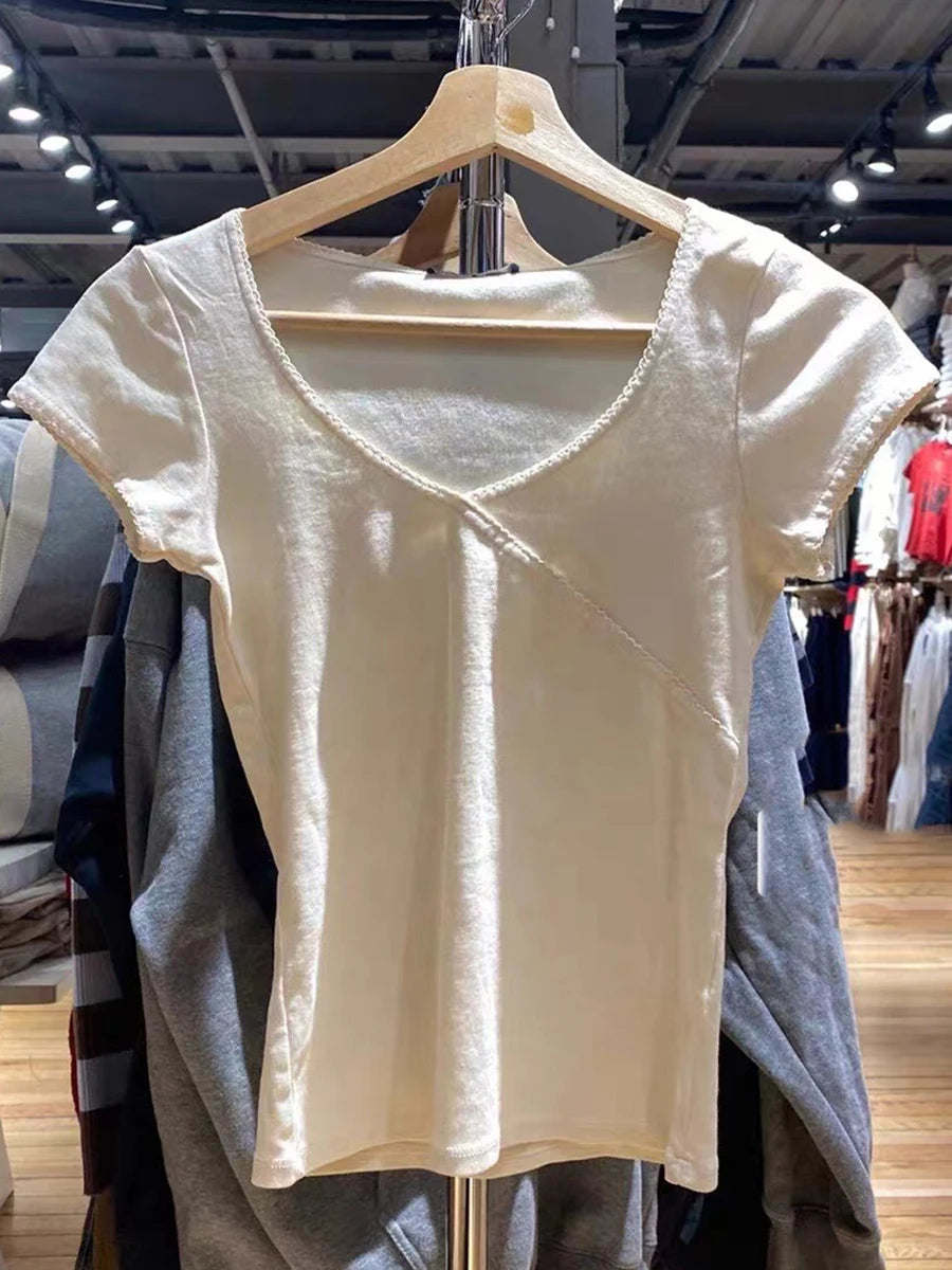 Stitching Solid Vintage Slim T-Shirt Summer V Neck Streetwear Cotton Top 2023 Femme Sweet Cute Y2k Simple Tee Tops Woman Clothes