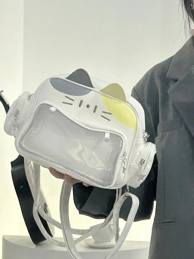 Women's Fashion Backpacks Y2K Korean Japan Kawaii Cat Ita Bag PU Cute Girls Transparent Pocket Aesthetic Shoulder Crossbody Bags