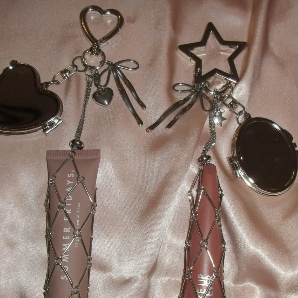 New Portable Lipstick Bag Women Metal Chain Mesh Pouch Stainless Steel Lipstick Holder Case Love Charm Keyrings Accessory