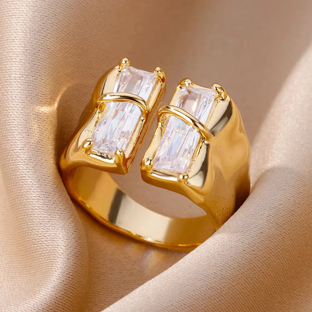 Gold Plated Stainless Steel Crystal Rings For Women Chain Geometry Zircon Finger Ring Jewelry Gift anillos mujer 2025 New Trendy