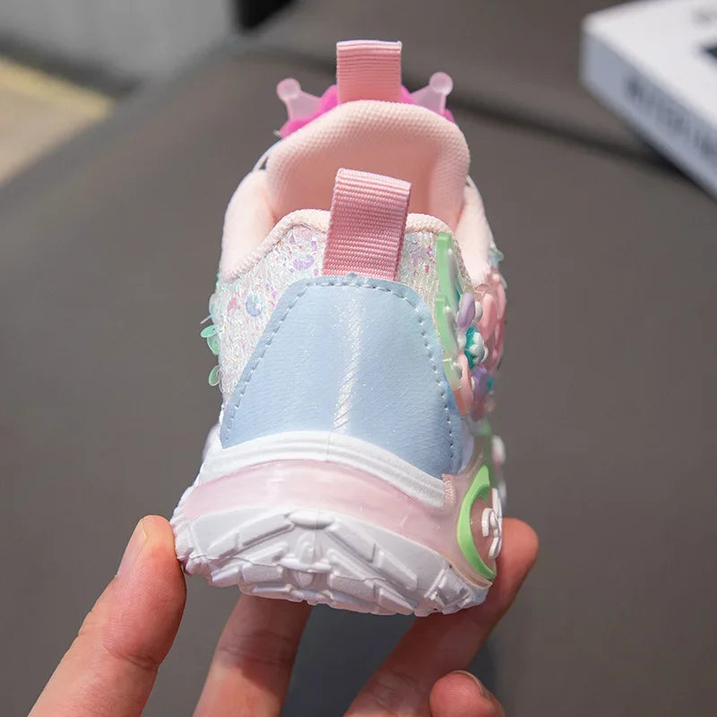 Girls Cartoon Rotating Button Sports Shoes Soft Bottom Kuroko Light up Dad Shoes Breathable Rubber Spring Season Kids Sneakers