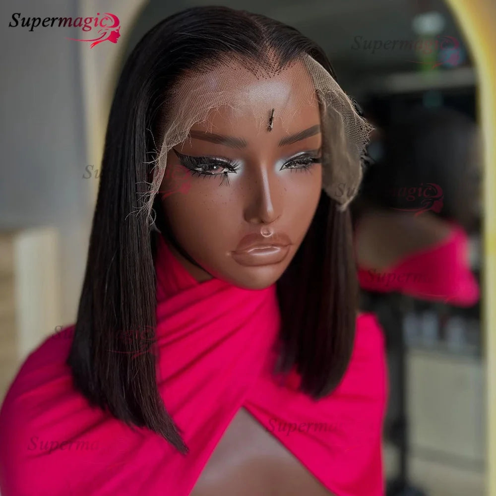 100% Vietnamese Super Double Drawn Bone Straight 13x4 Frontal Bob Wig with Human Hair Natural Black 300% Density For Black Women