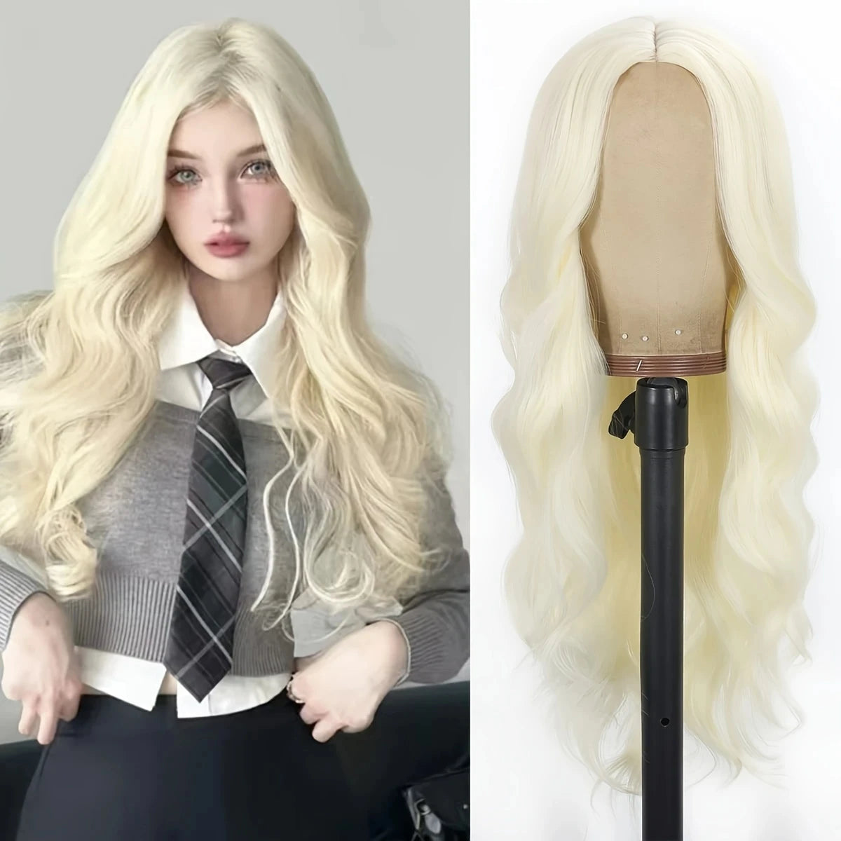 Gray long curly hair synthetic wig with big waves, Halloween cosplay wig, daily wig, high-temperature hair fiber wig set