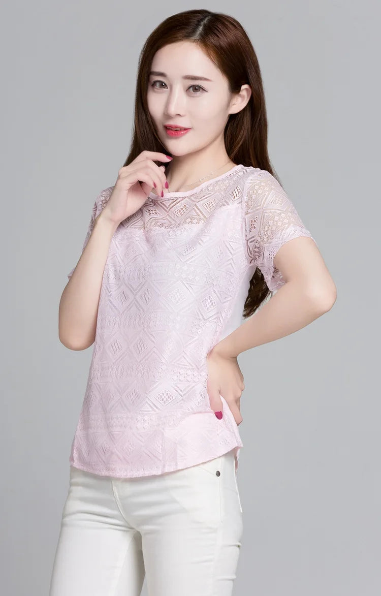 1pcs Summer Women Lace T-Shirt Lady Short-Sleeve Round-Neck tShirt Female Sexy Slim Fit  Tee Girl Chiffon Shirt Fashion Pullover