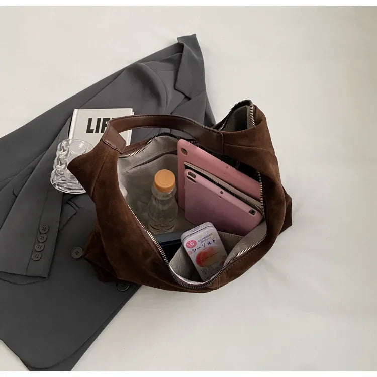 Vintage Suede New Large Capacity Women Tote Bag 2025 Autumn Winter Commute Shoulder Crossbody Bags Fashion Trend Underarm Bags