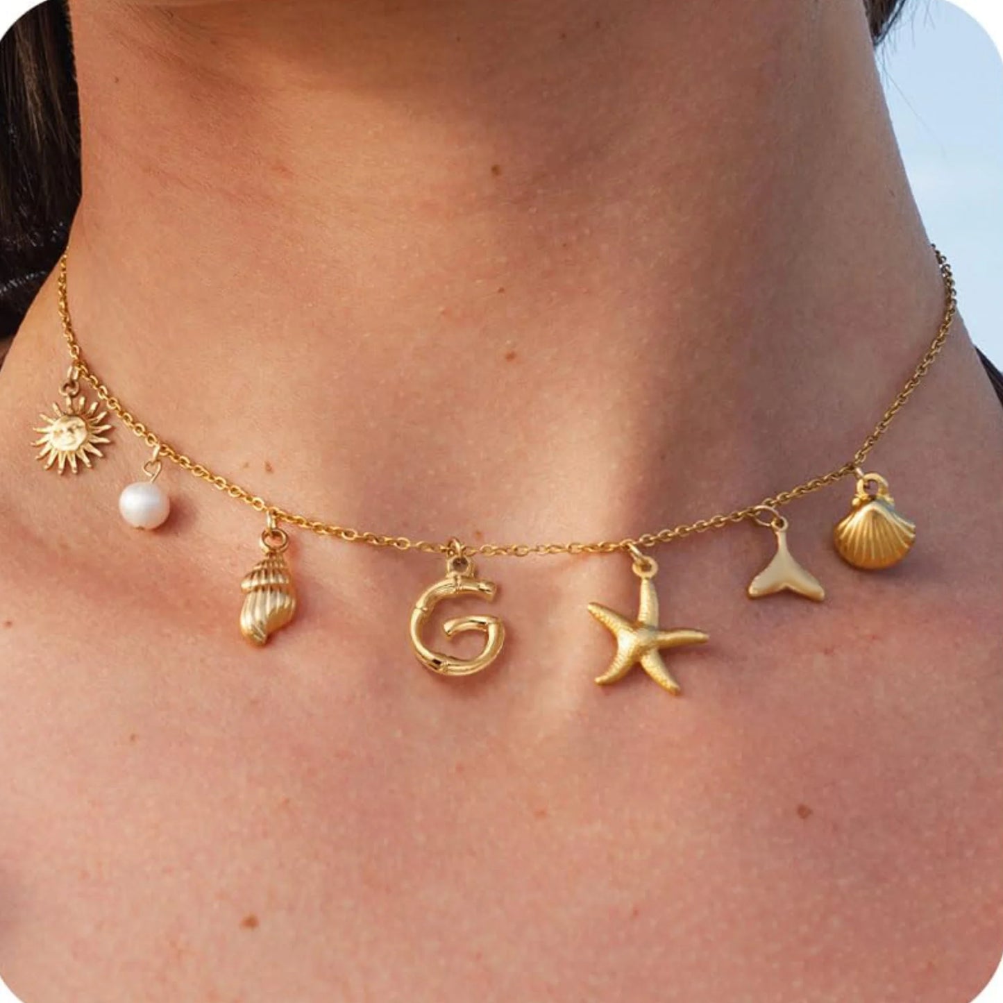 MHS.SUN Starfish Shell Initial Necklace Waterproof 18K Gold Plated Stainless Steel Charm Necklaces Surfer Girl Summer Beach Gift