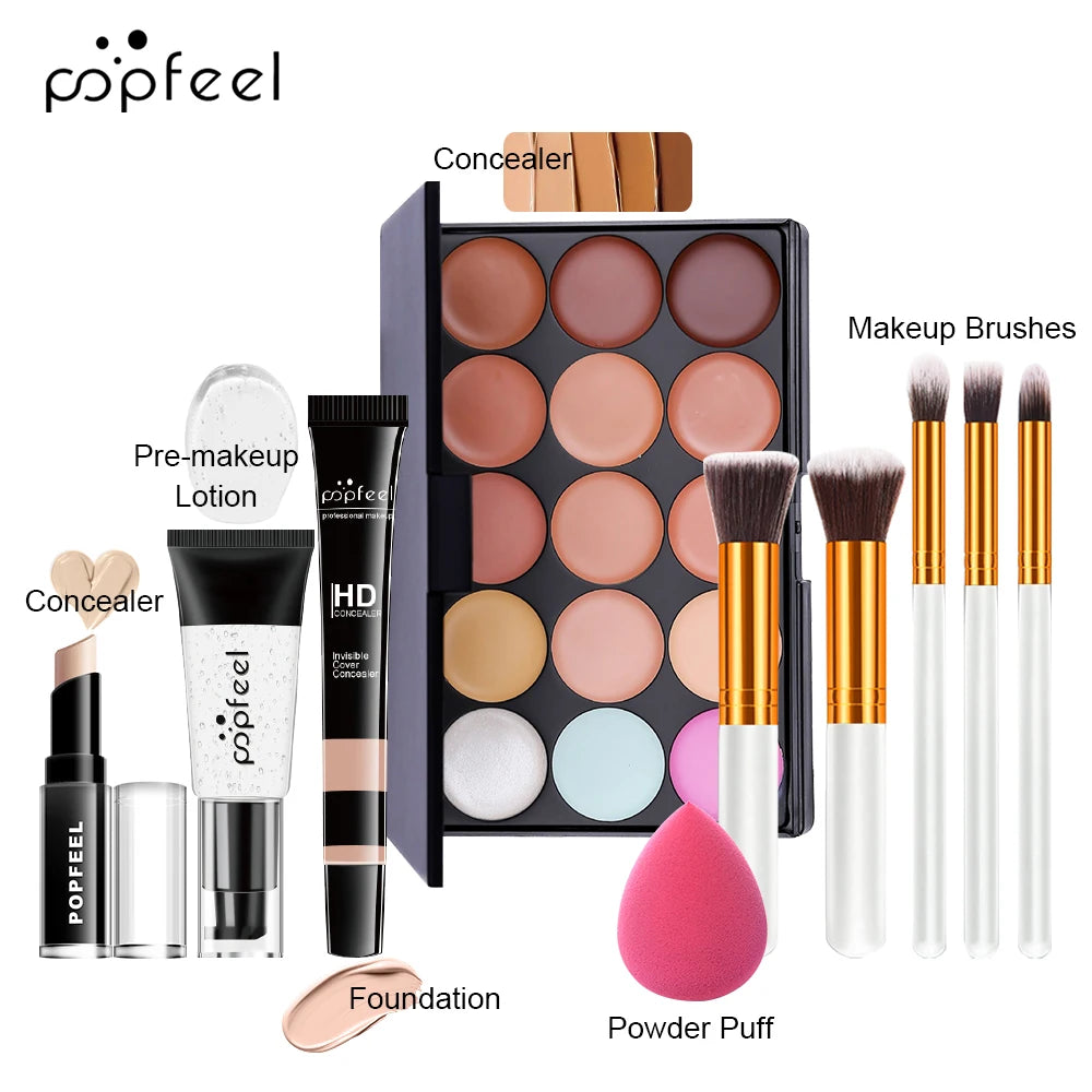 POPFEEL 10-Piece Face Makeup Set - Beginner-Friendly Foundation, Concealer & Brush Combo - Complete Face Makeup Kit for Flawless