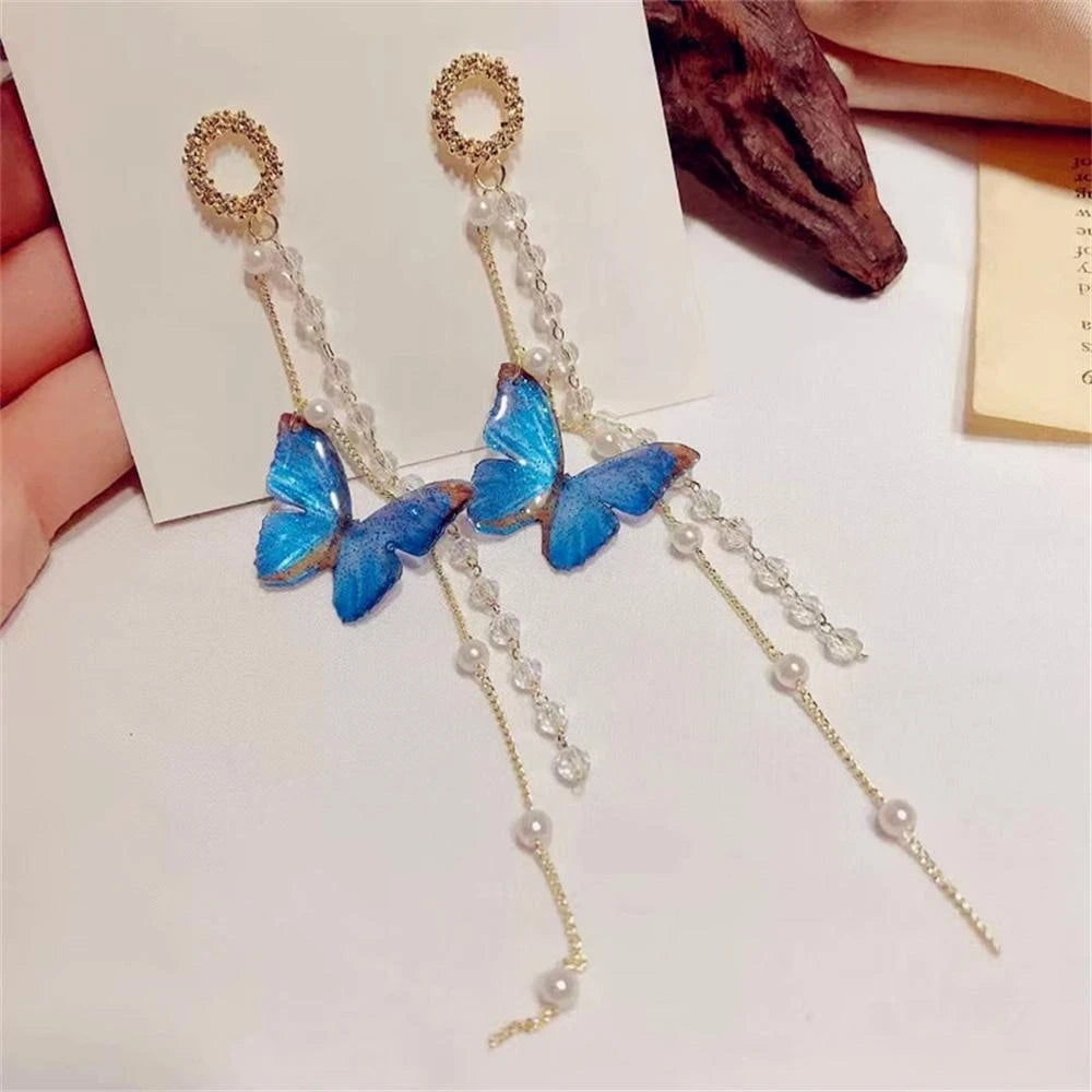 New Luxury Women Zircon Crystal Pearls Long Tassel Butterfly Earrings Stud Dangle Jewelry Gifts