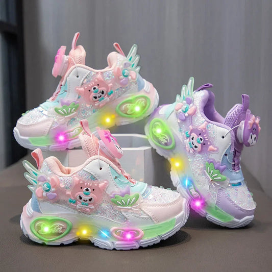 Girls Cartoon Rotating Button Sports Shoes Soft Bottom Kuroko Light up Dad Shoes Breathable Rubber Spring Season Kids Sneakers