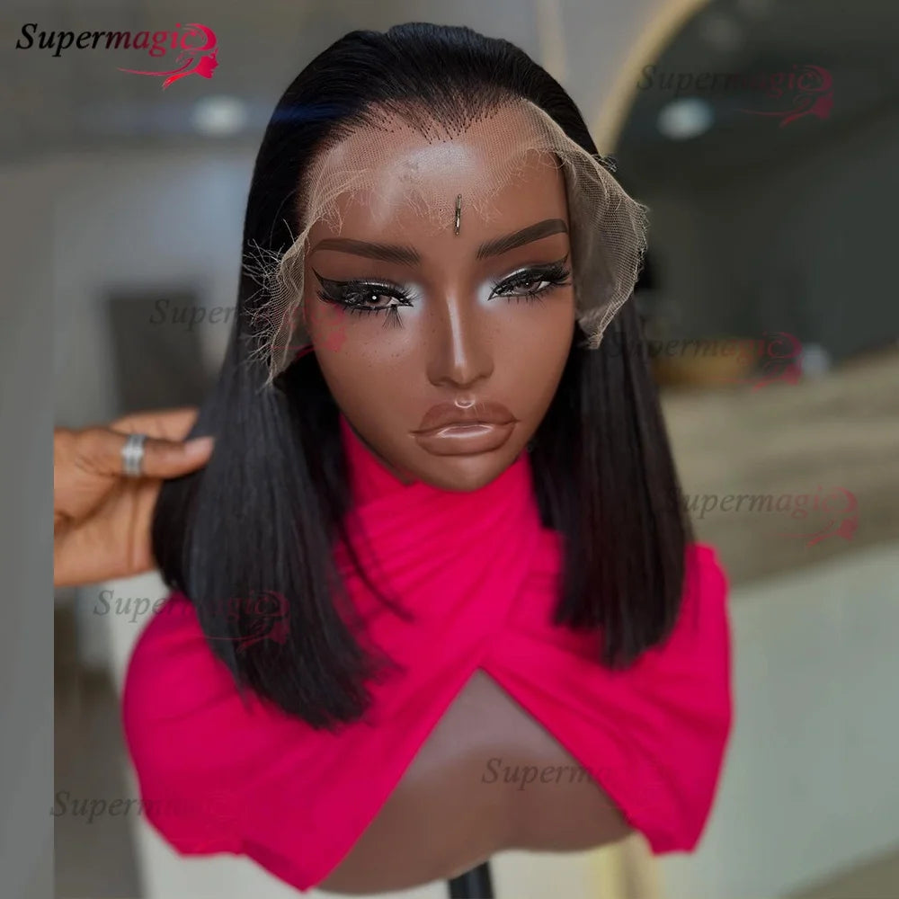 100% Vietnamese Super Double Drawn Bone Straight 13x4 Frontal Bob Wig with Human Hair Natural Black 300% Density For Black Women