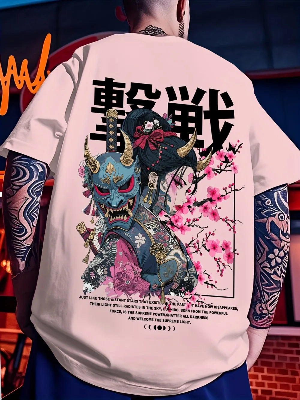 European and American men's summer ghost warrior cherry blossom print soft and breathable round neck T-shirt outdoor street top