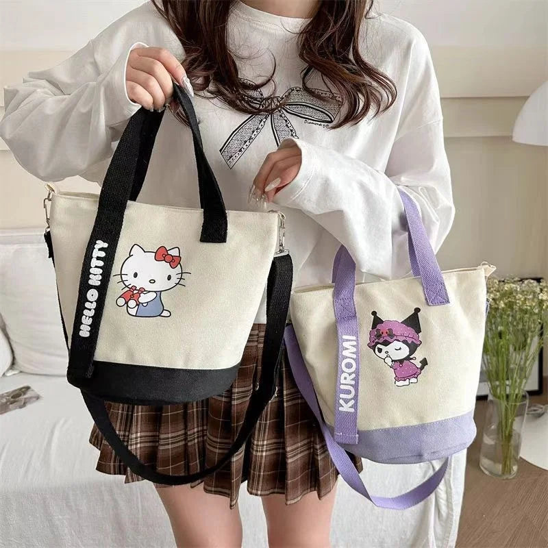 Sanrio Hello Kitty Kuromi Canvas Shoulder Bag Kawaii Anime Print Lightweight Crossbody Purse for Girl