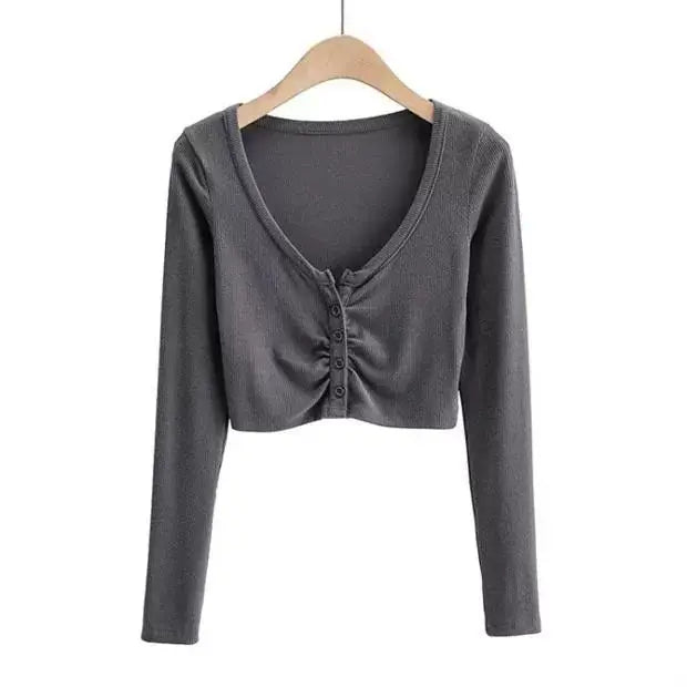 Spring Summer Women Long Sleeve Button T Shirt Female Solid Slim Sexys Casual Tee Shirt Femmes Y2k Clothes Streetwear Crop Tops