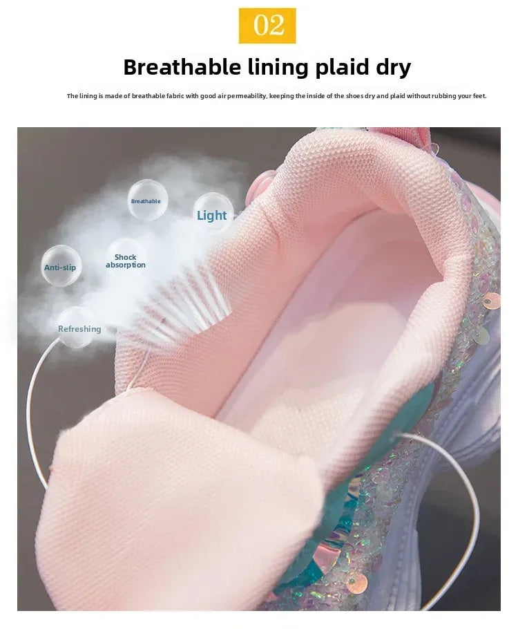 Girls Cartoon Rotating Button Sports Shoes Soft Bottom Kuroko Light up Dad Shoes Breathable Rubber Spring Season Kids Sneakers