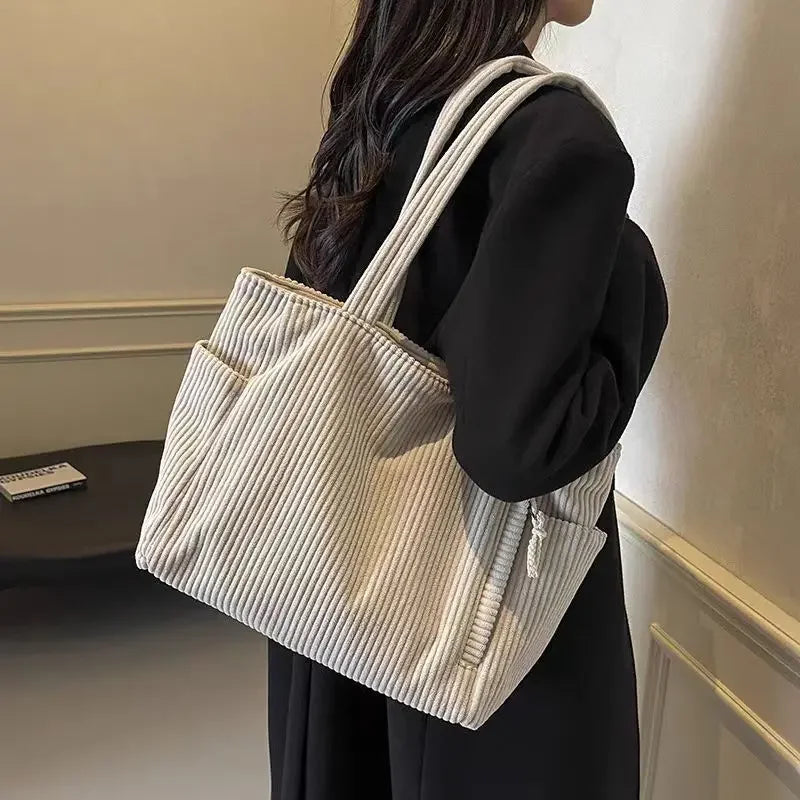 Corduroy Daily Handbag Fashionable Versatile Shoulder Bag for Women Multi-Compartment Zipper Closure Commute Women's Tote Bag