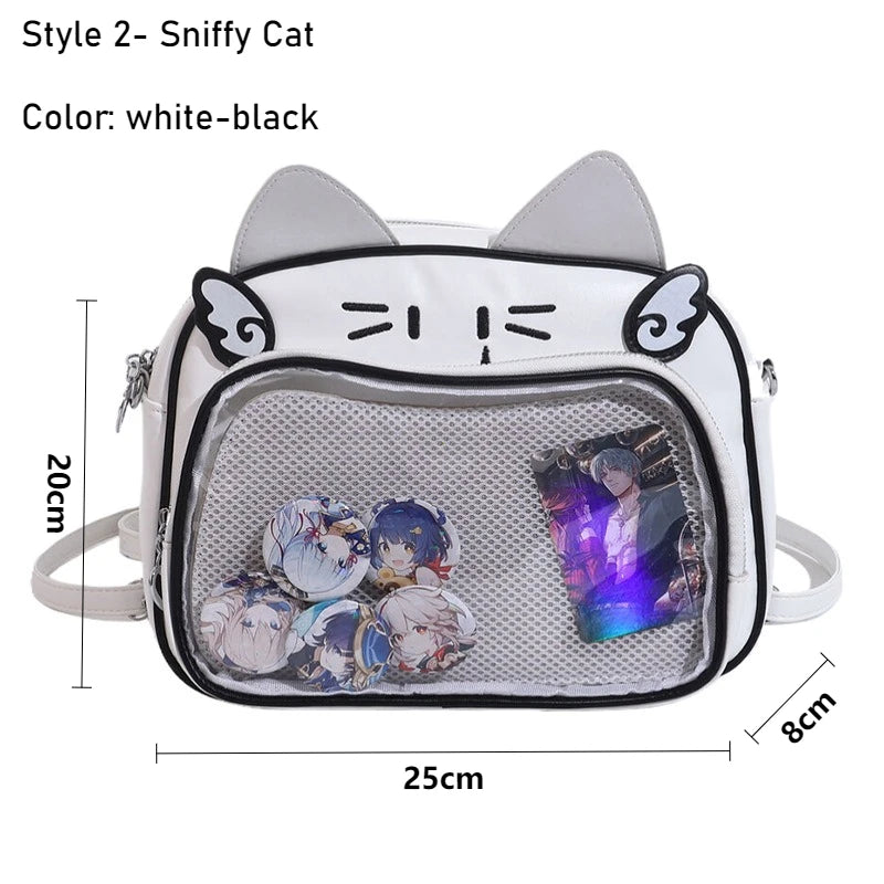 Women's Fashion Backpacks Y2K Korean Japan Kawaii Cat Ita Bag PU Cute Girls Transparent Pocket Aesthetic Shoulder Crossbody Bags