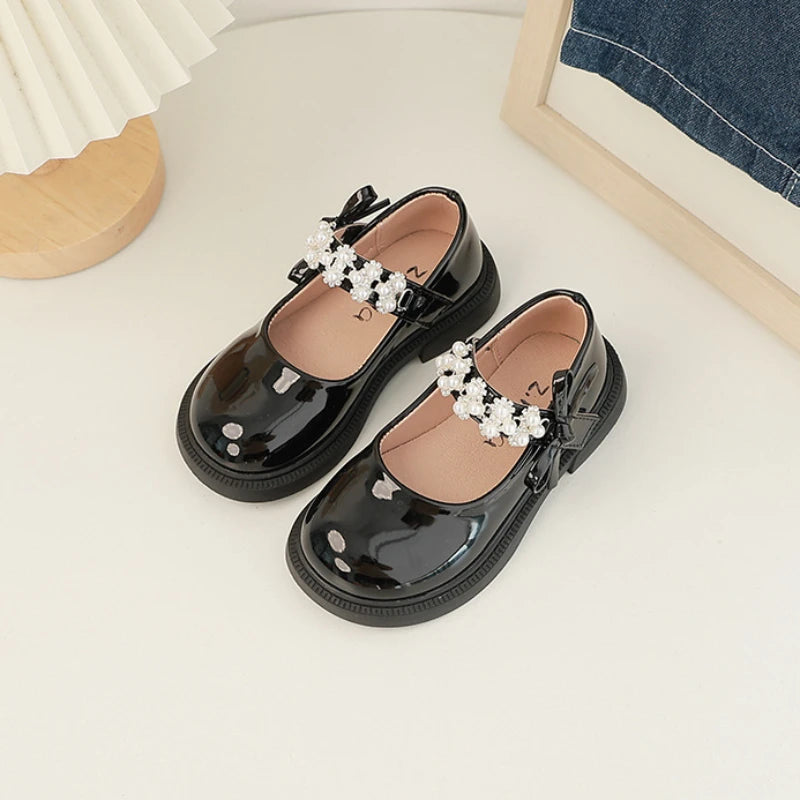 Children's Leather Shoes Glossy PU Black School Girl Shoes Fashion Sweet Kids Princess Soft Bottom Mary Jane Shoes Side Bowknot