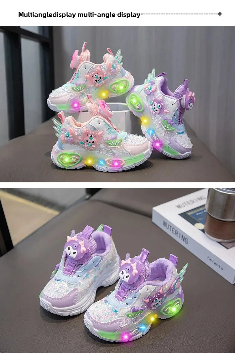 Girls Cartoon Rotating Button Sports Shoes Soft Bottom Kuroko Light up Dad Shoes Breathable Rubber Spring Season Kids Sneakers