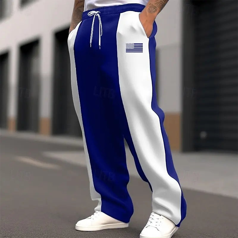 Men's straight-leg pants with a relaxed fit and simple stripe print. Casual wide-leg style.  Suitable for teens and adults.