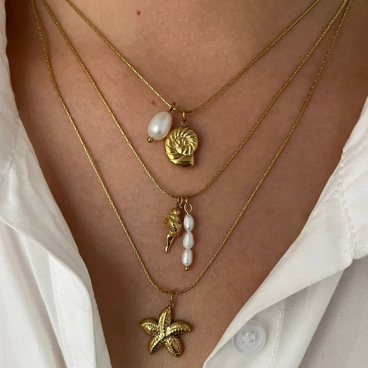 MHS.SUN Starfish Shell Conch Pendant Necklaces For Women Men Stainless Steel Trendy Chain Choker Beach Jewelry Summer Party