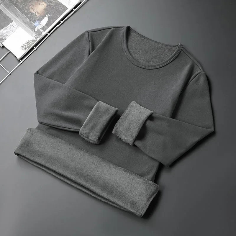 Men's Fleece Lined Thickened Long Sleeve T-Shirt round Neck Base Shirt Autumn Clothes Winter Long Sleeve Warm Underwear