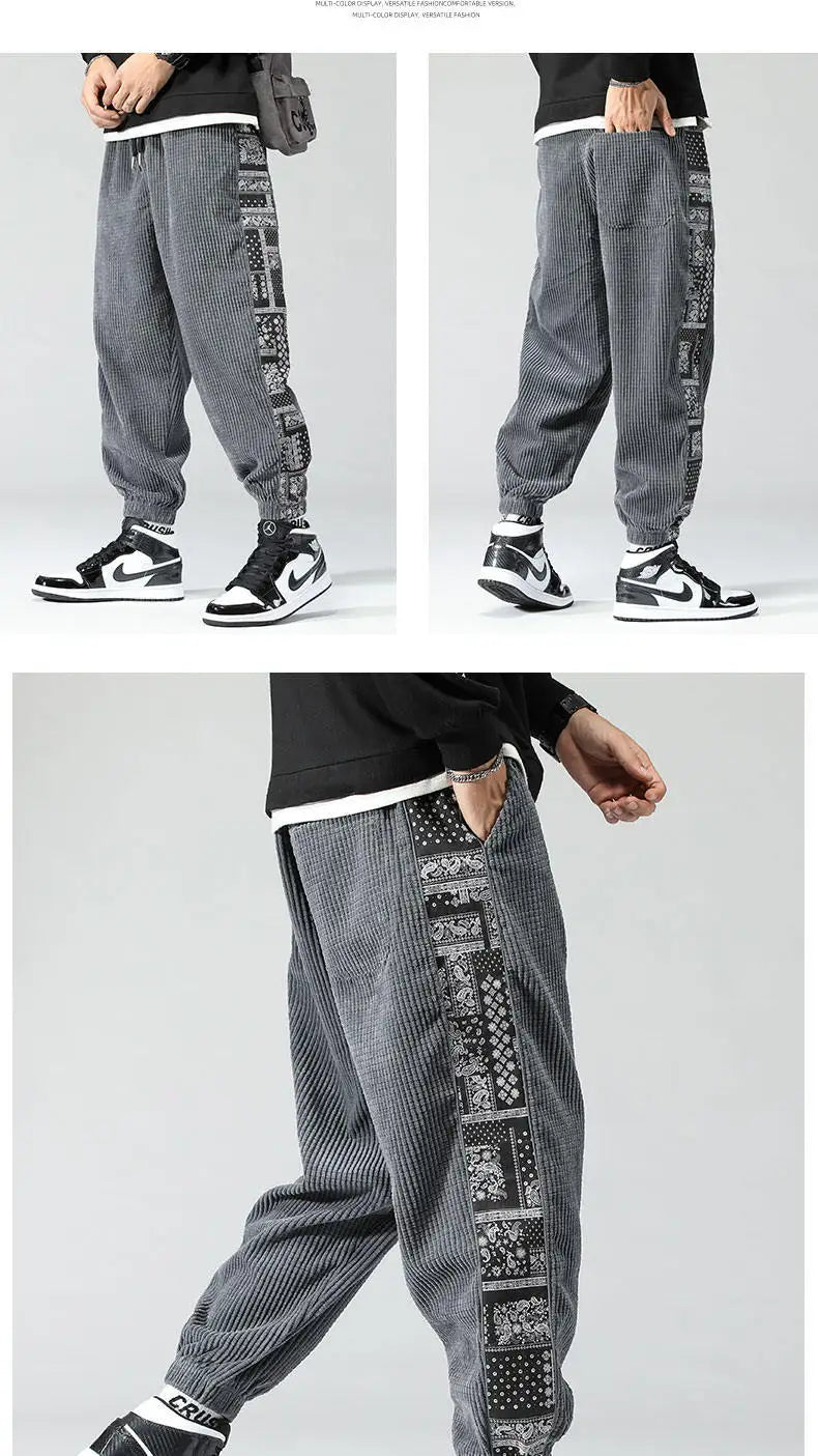 Oversize Cashew Flower Printed Patchwork Casual Pants Y2K High Street Corduroy Sweatpants Men Clothing штаны Pantalones 바지