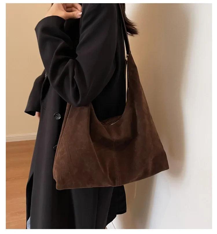 Vintage Suede New Large Capacity Women Tote Bag 2025 Autumn Winter Commute Shoulder Crossbody Bags Fashion Trend Underarm Bags